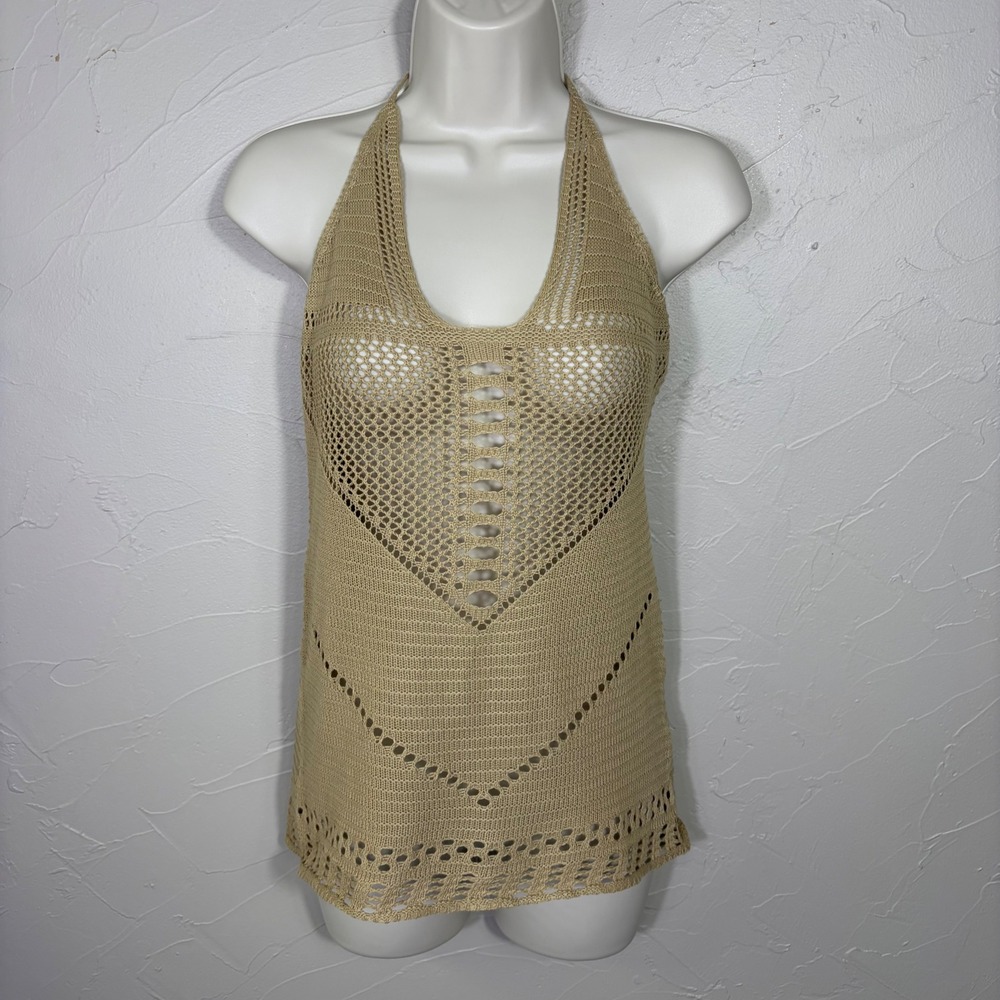 Crochet Halter Festival Top Womens Medium Tan Open Knit Boho Beachwear Coachella